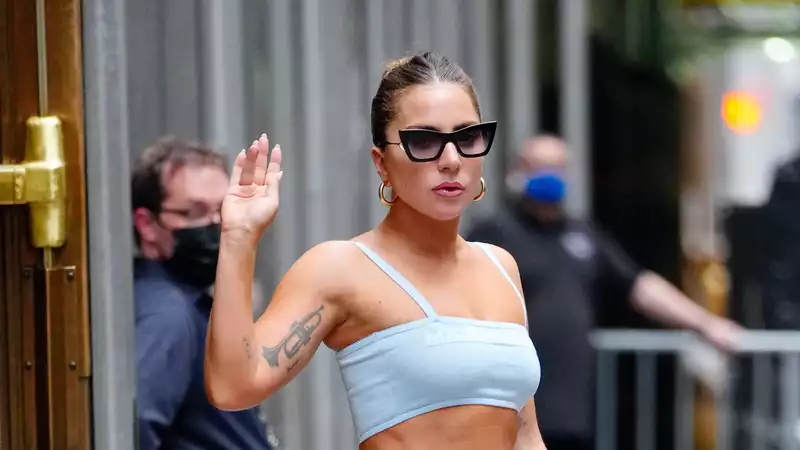 Lady Gaga steps out in baby blue athleisure and dazzling platforms