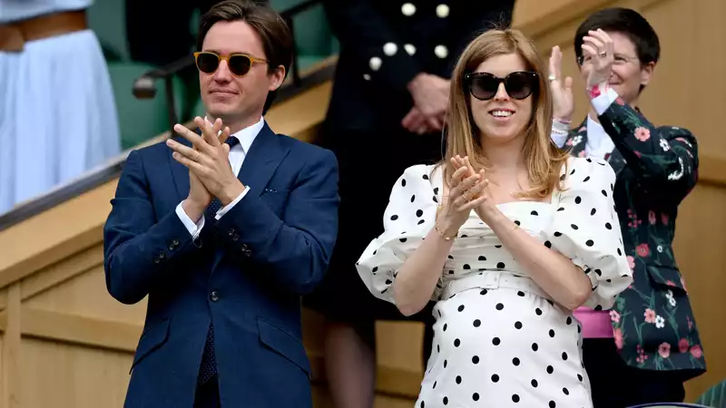 Pregnant Princess Beatrice in a polka dot midi dress at Wimbledon.