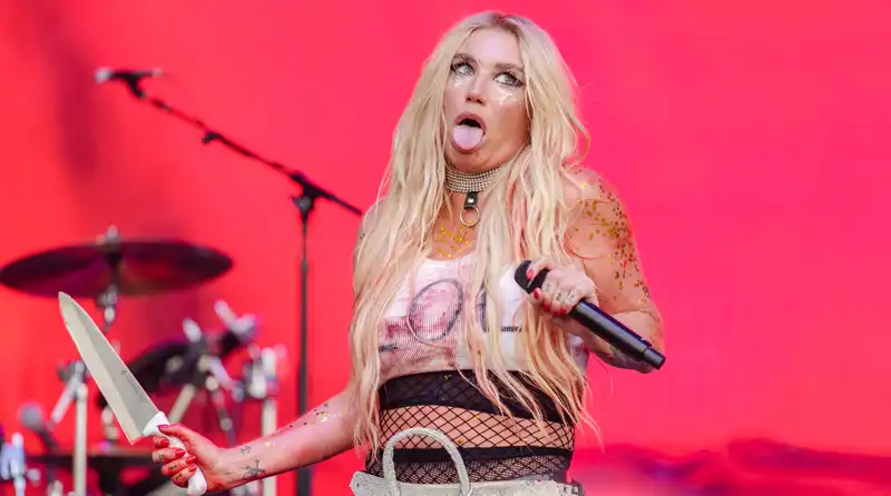 Kesha, "Birkin Skirt" at Lollapalooza with fishnets and fake blood accessories