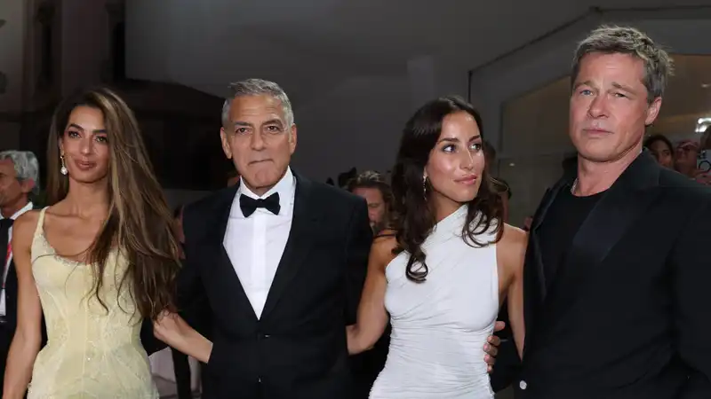 Amal and George Clooney with Brad Pitt and Ines de Ramon at the Venice International Film Festival