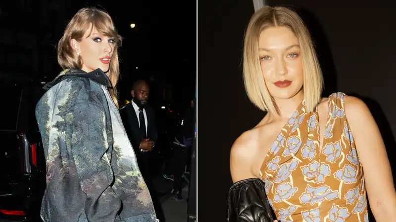 Taylor Swift and Gigi Hadid in a fall plaid mini-skirt and trench coat for a girls' night out in New York City.