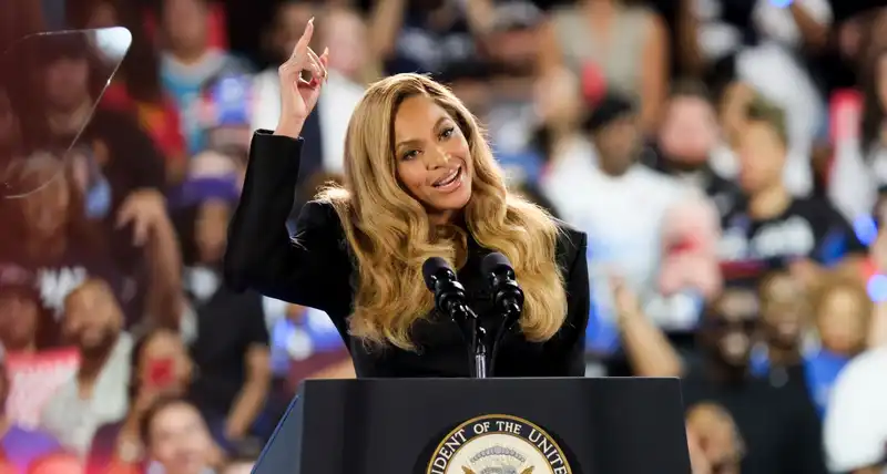 Beyonce Surprises Kamala Harris at Houston, Texas Rally in Power Suit Dress