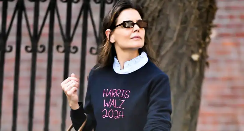 Katie Holmes endorses Kamala Harris in custom-made campaign sweater