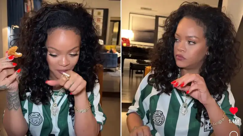 Rihanna matches her soccer mom jersey with diamonds, cherry red sneakers, and caviar-topped chicken nuggets